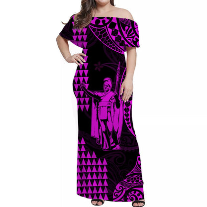 Custom Personalised Hawaii Day Kakau Off Shoulder Long Dress Proud To Be Hawaiian Purple King Kamehameha and Kanaka Maoli