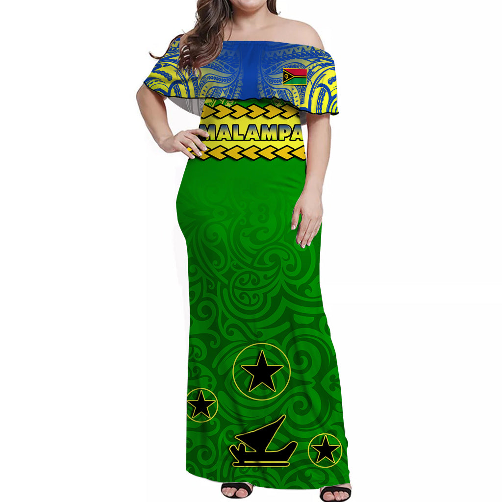 Malampa Province Off Shoulder Long Dress Vanuatu Pig Tusk Polynesian Flag Style