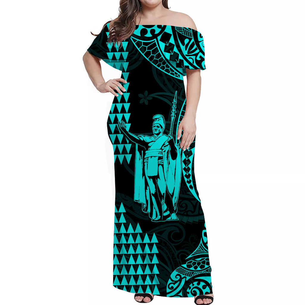 Custom Personalised Hawaii Day Kakau Off Shoulder Long Dress Proud To Be Hawaiian Turquoise King Kamehameha and Kanaka Maoli