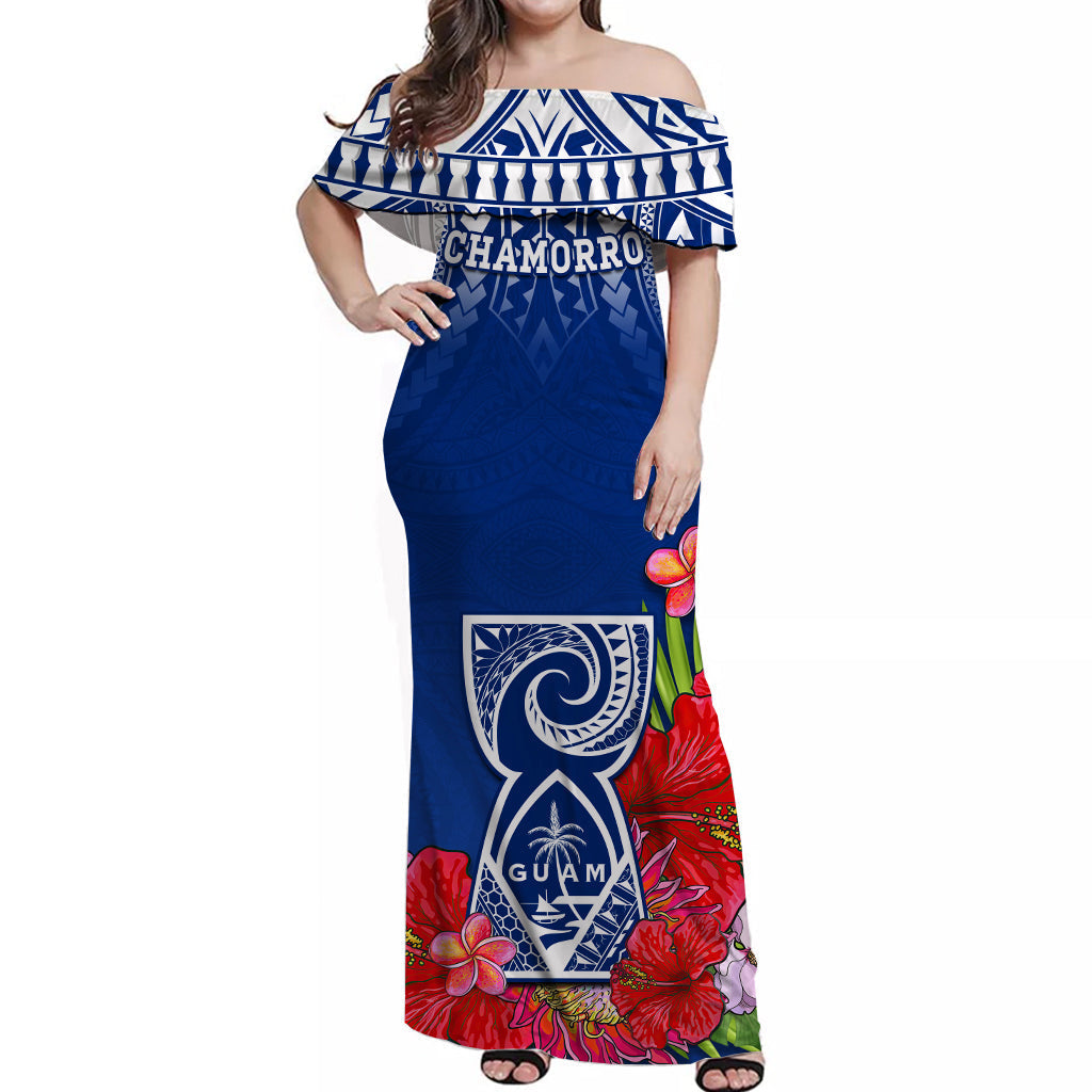 Custom Personalised Guam Chamorro Off Shoulder Long Dress Guaman Latte Stone Tropical Flowers Blue Version