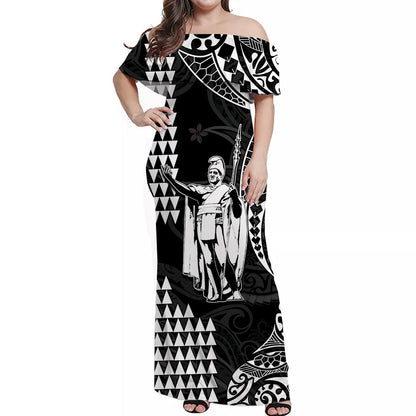 Custom Personalised Hawaii Day Kakau Off Shoulder Long Dress Proud To Be Hawaiian Black King Kamehameha and Kanaka Maoli