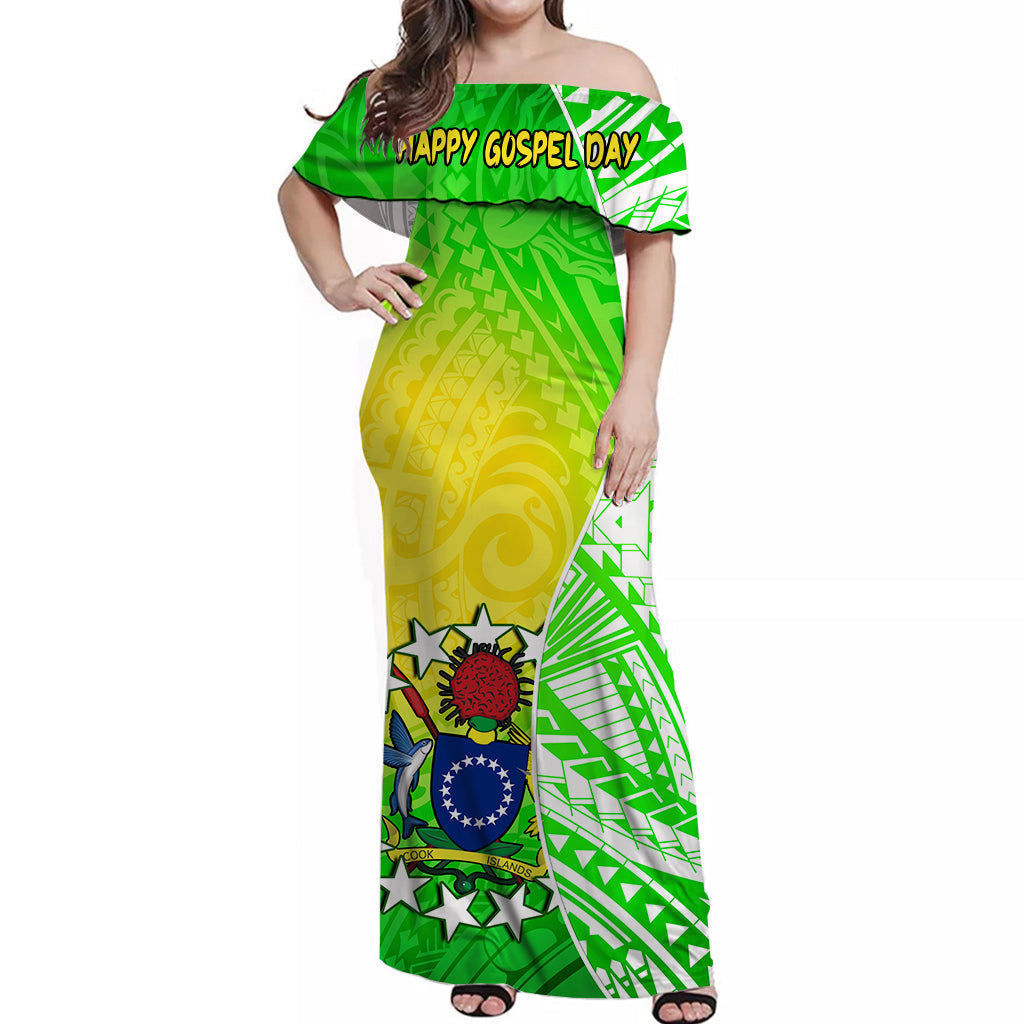 Happy Mangaia Gospel Day Off Shoulder Long Dress Cook Islands Coat Of Arms Polynesian Pattern
