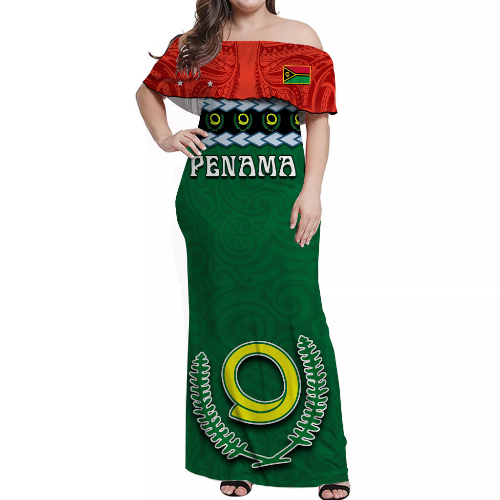 Penama Province Off Shoulder Long Dress Vanuatu Pig Tusk Polynesian Flag Style
