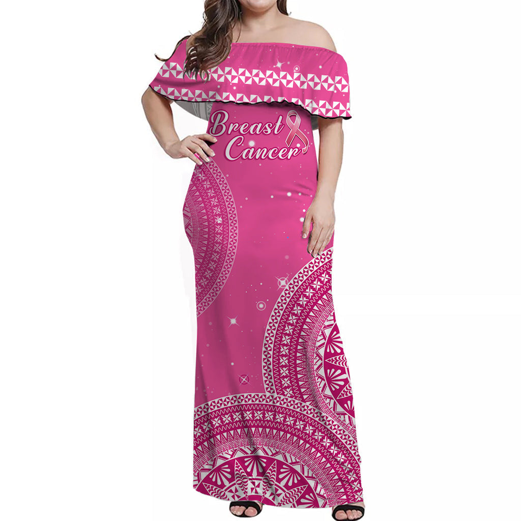 Custom Personalised Tonga Breast Cancer Off Shoulder Long Dress Tongan Ngatu Pattern No One Fights Alone