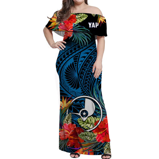Yap State Off Shoulder Long Dress FSM Hibiscus Flowers Mix Polynesian
