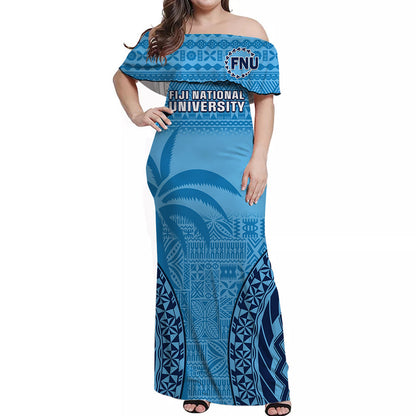 Custom Personalised Fiji University Off Shoulder Long Dress National Fijian Tapa Pattern Blue