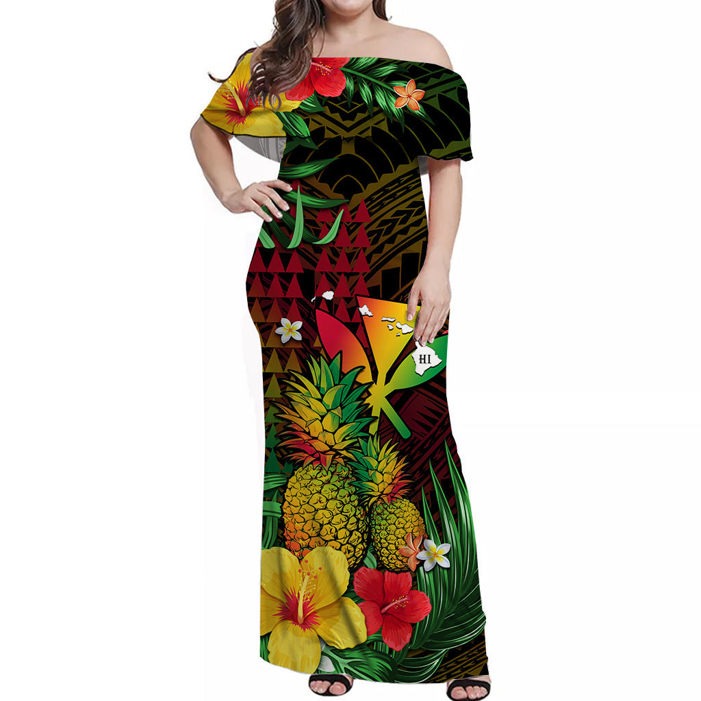 Custom Personalised Hawaii Off Shoulder Long Dress Pineapple Mix Kakau Reggae Kanaka