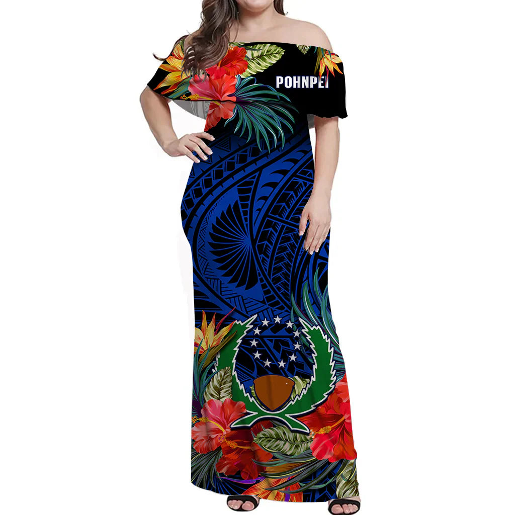 Pohnpei State Off Shoulder Long Dress FSM Hibiscus Flowers Mix Polynesian