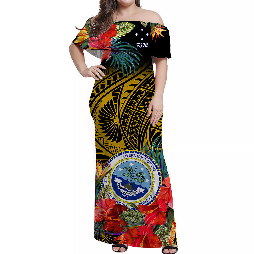 Custom Personalised Federated States of Micronesia Off Shoulder Long Dress Hibiscus Flowers FSM Seal Polynesian Ver.06