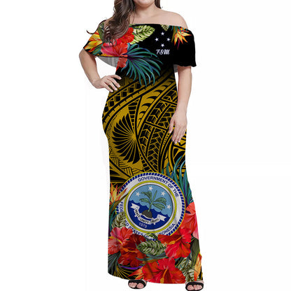 Custom Personalised Federated States of Micronesia Off Shoulder Long Dress Hibiscus Flowers FSM Seal Polynesian Ver.06