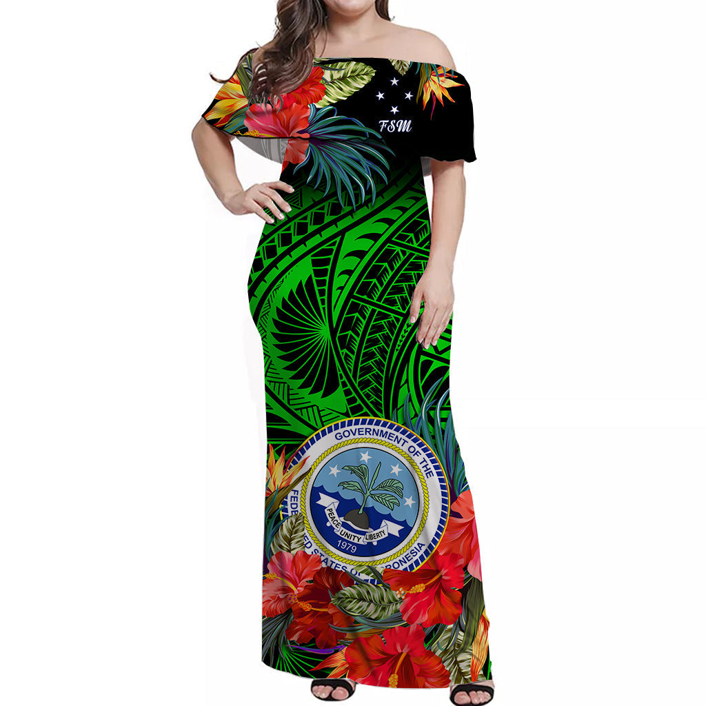 Federated States of Micronesia Off Shoulder Long Dress Hibiscus Flowers FSM Seal Polynesian Ver.02