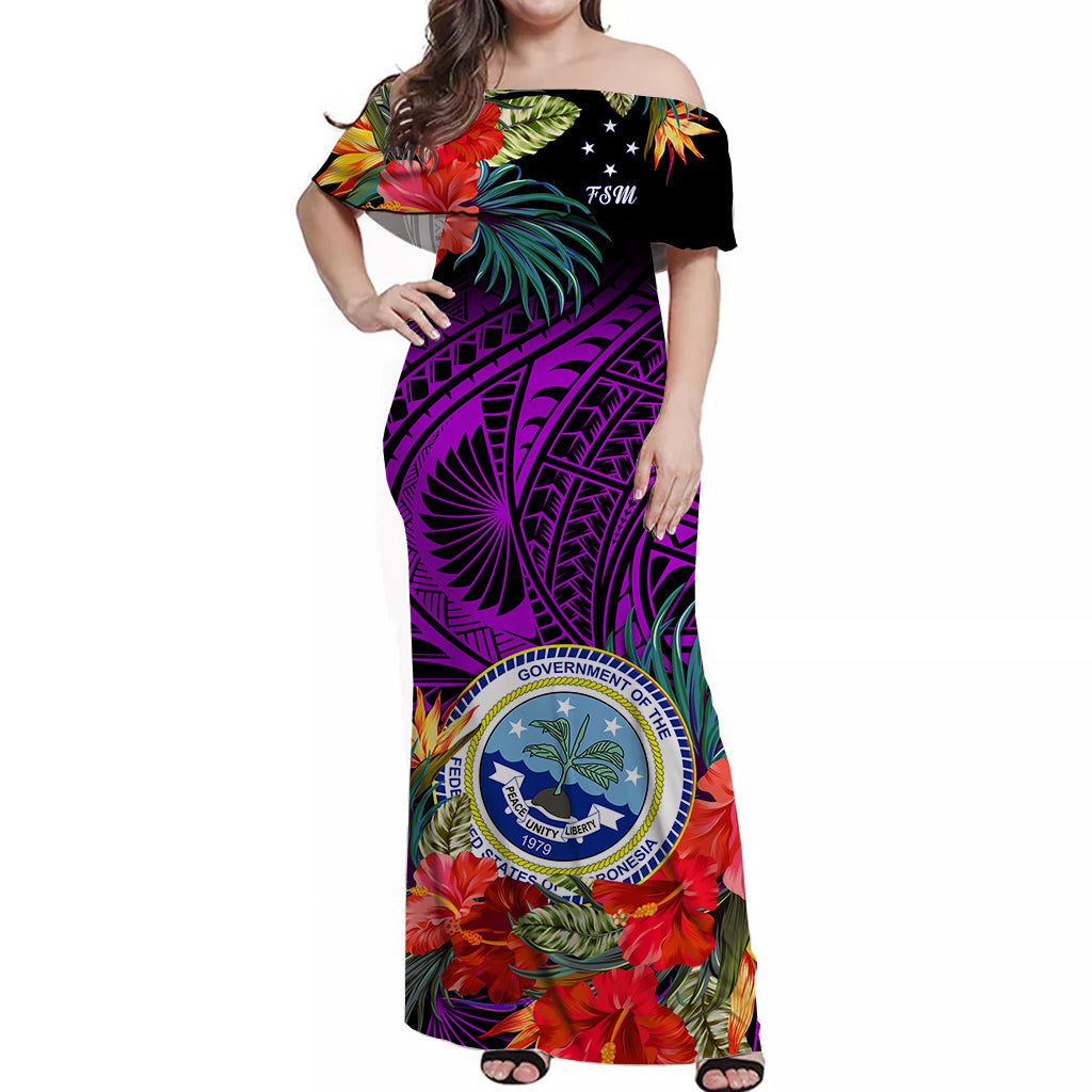 Federated States of Micronesia Off Shoulder Long Dress Hibiscus Flowers FSM Seal Polynesian Ver.04