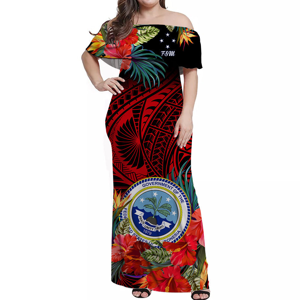 Custom Personalised Federated States of Micronesia Off Shoulder Long Dress Hibiscus Flowers FSM Seal Polynesian Ver.05