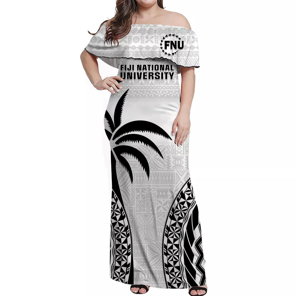Custom Personalised Fiji University Off Shoulder Long Dress National Fijian Tapa Pattern White