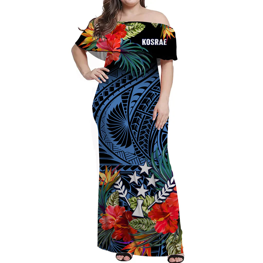 Kosrae State Off Shoulder Long Dress FSM Hibiscus Flowers Mix Polynesian