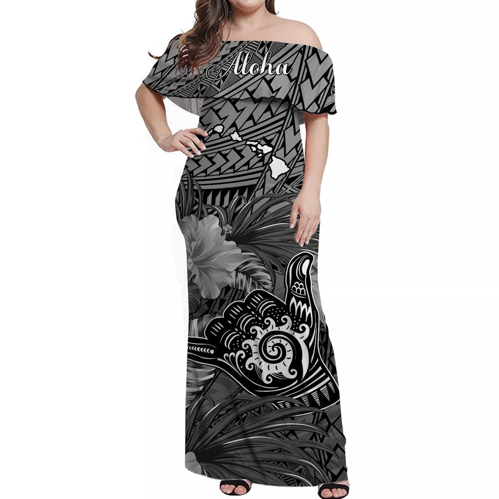 The Shaka Hawaii Off Shoulder Long Dress Tropical Flowers Gray Version