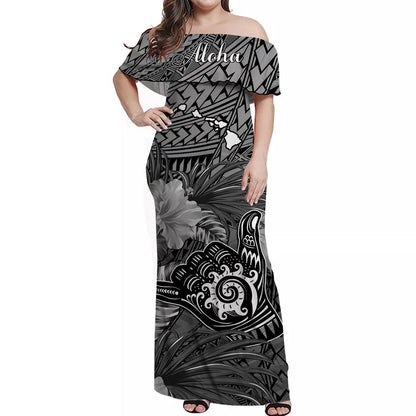 The Shaka Hawaii Off Shoulder Long Dress Tropical Flowers Gray Version