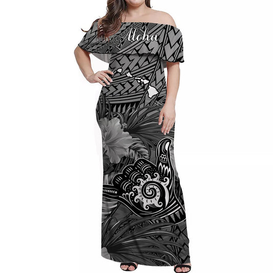 The Shaka Hawaii Off Shoulder Long Dress Tropical Flowers Gray Version