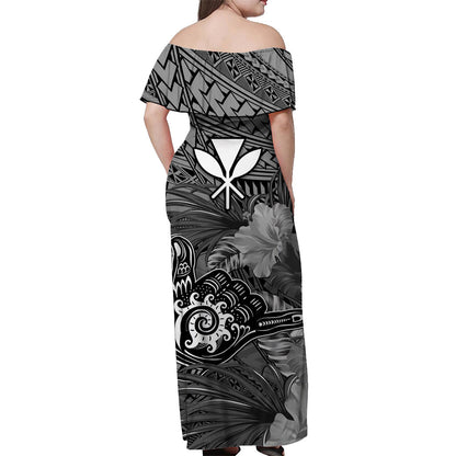 The Shaka Hawaii Off Shoulder Long Dress Tropical Flowers Gray Version