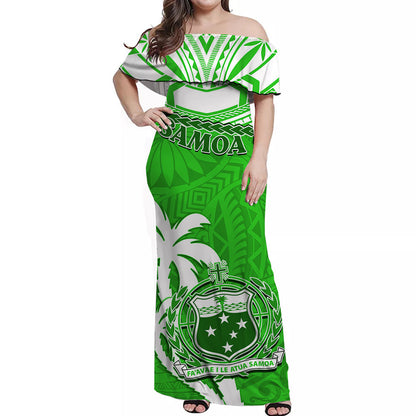 Samoa Off Shoulder Long Dress Samoan Coat Of Arms With Coconut Green Style
