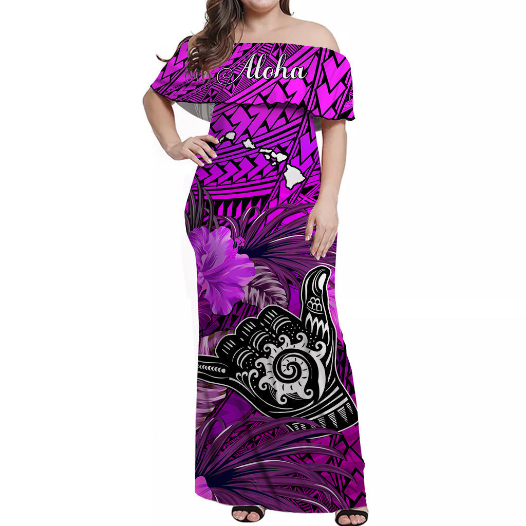 The Shaka Hawaii Off Shoulder Long Dress Tropical Flowers Purple Version