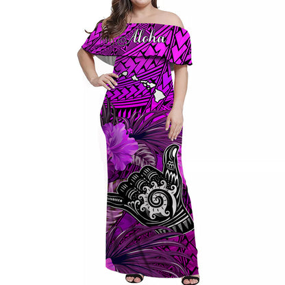 The Shaka Hawaii Off Shoulder Long Dress Tropical Flowers Purple Version