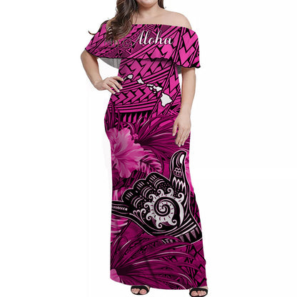 The Shaka Hawaii Off Shoulder Long Dress Tropical Flowers Pink Version