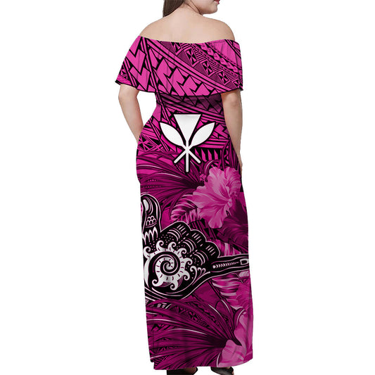 The Shaka Hawaii Off Shoulder Long Dress Tropical Flowers Pink Version