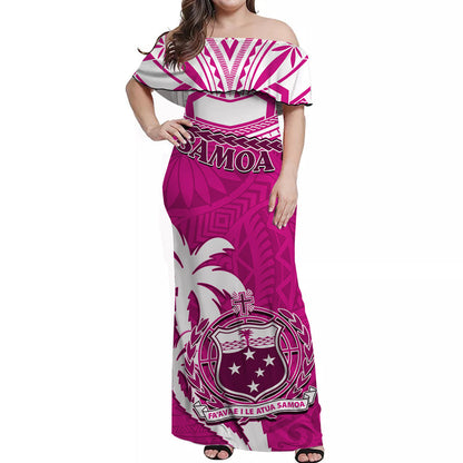 Samoa Off Shoulder Long Dress Samoan Coat Of Arms With Coconut Pink Style