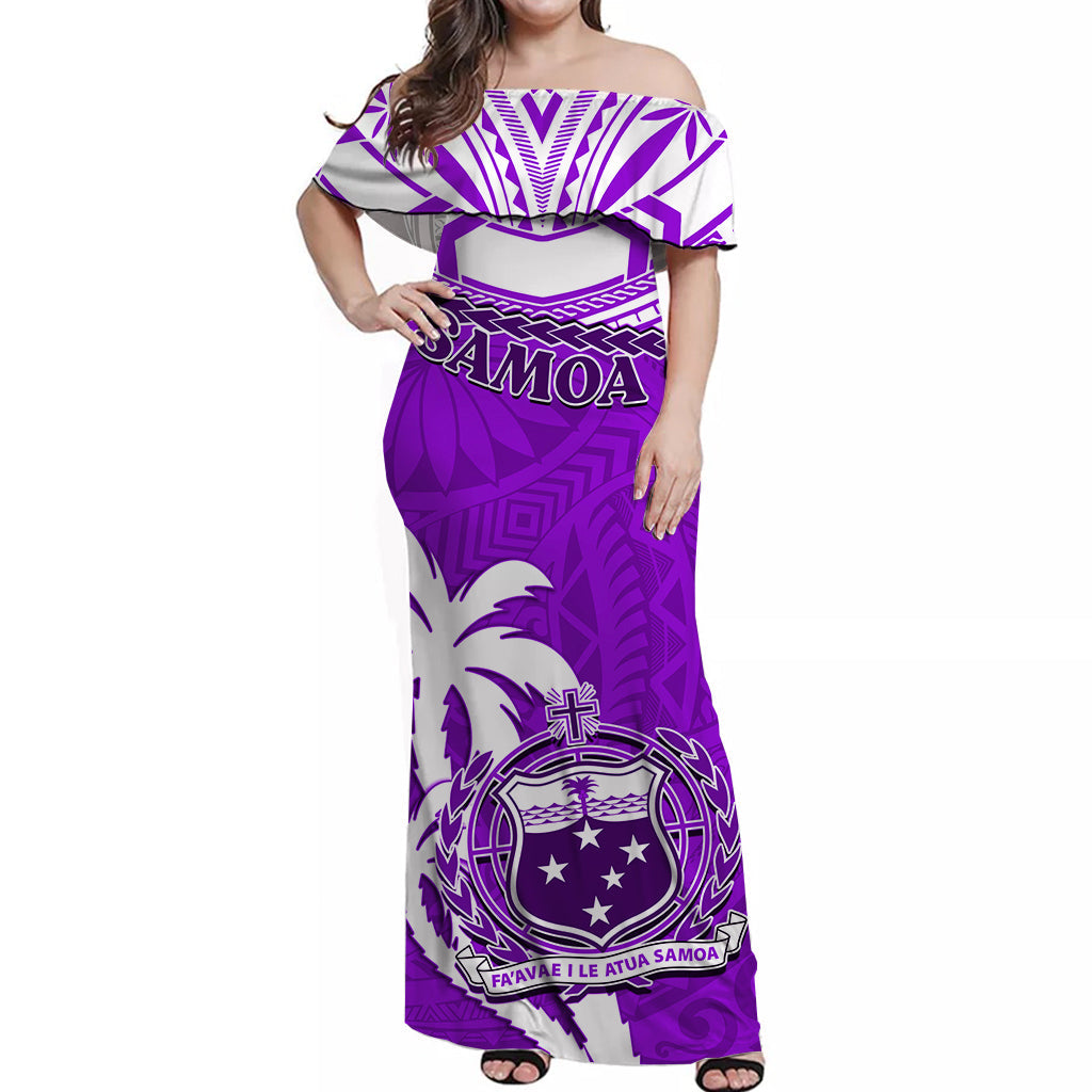 Samoa Off Shoulder Long Dress Samoan Coat Of Arms With Coconut Purple Style