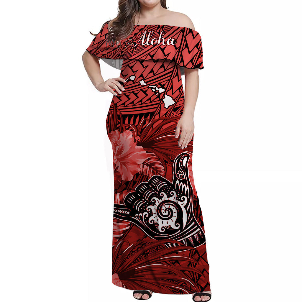 The Shaka Hawaii Off Shoulder Long Dress Tropical Flowers Red Version