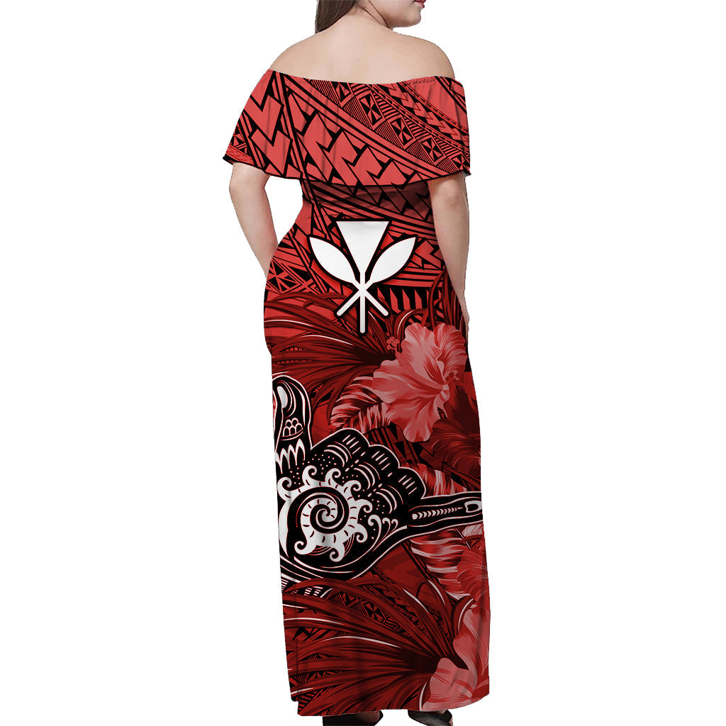 The Shaka Hawaii Off Shoulder Long Dress Tropical Flowers Red Version