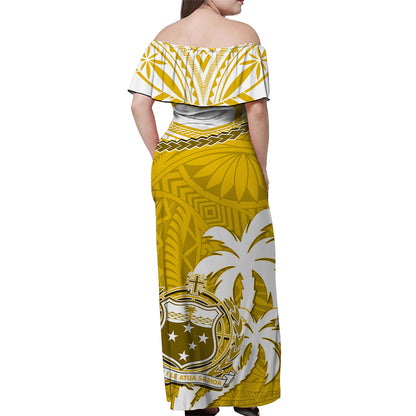 Samoa Off Shoulder Long Dress Samoan Coat Of Arms With Coconut Yellow Style
