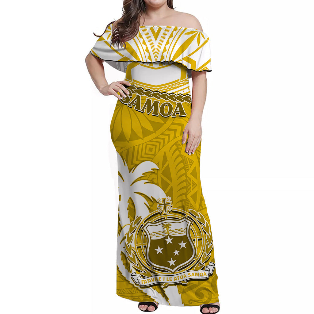 Samoa Off Shoulder Long Dress Samoan Coat Of Arms With Coconut Yellow Style