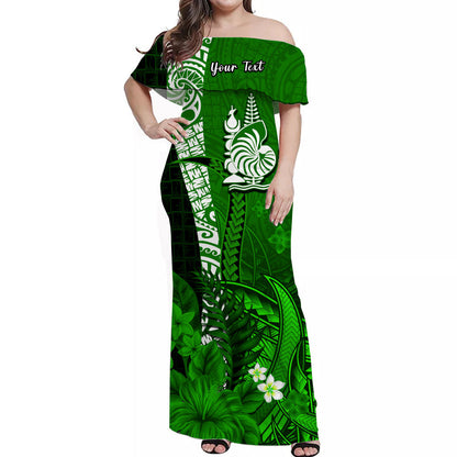 Custom Personalised New Caledonia Off Shoulder Long Dress Nautilus Green Polynesian Hibiscus