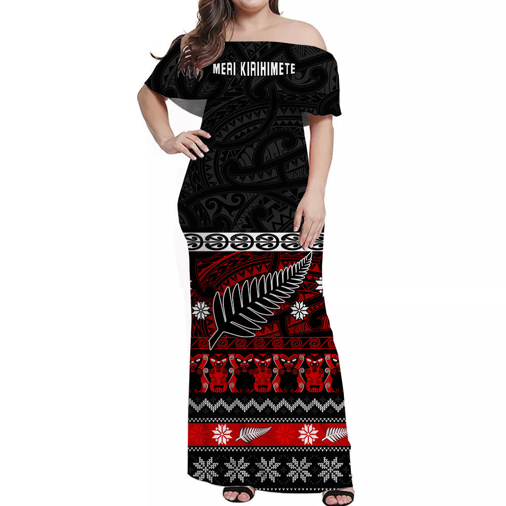 New Zealand Silver Fern Christmas Off Shoulder Long Dress Maori Meri Kirihimete
