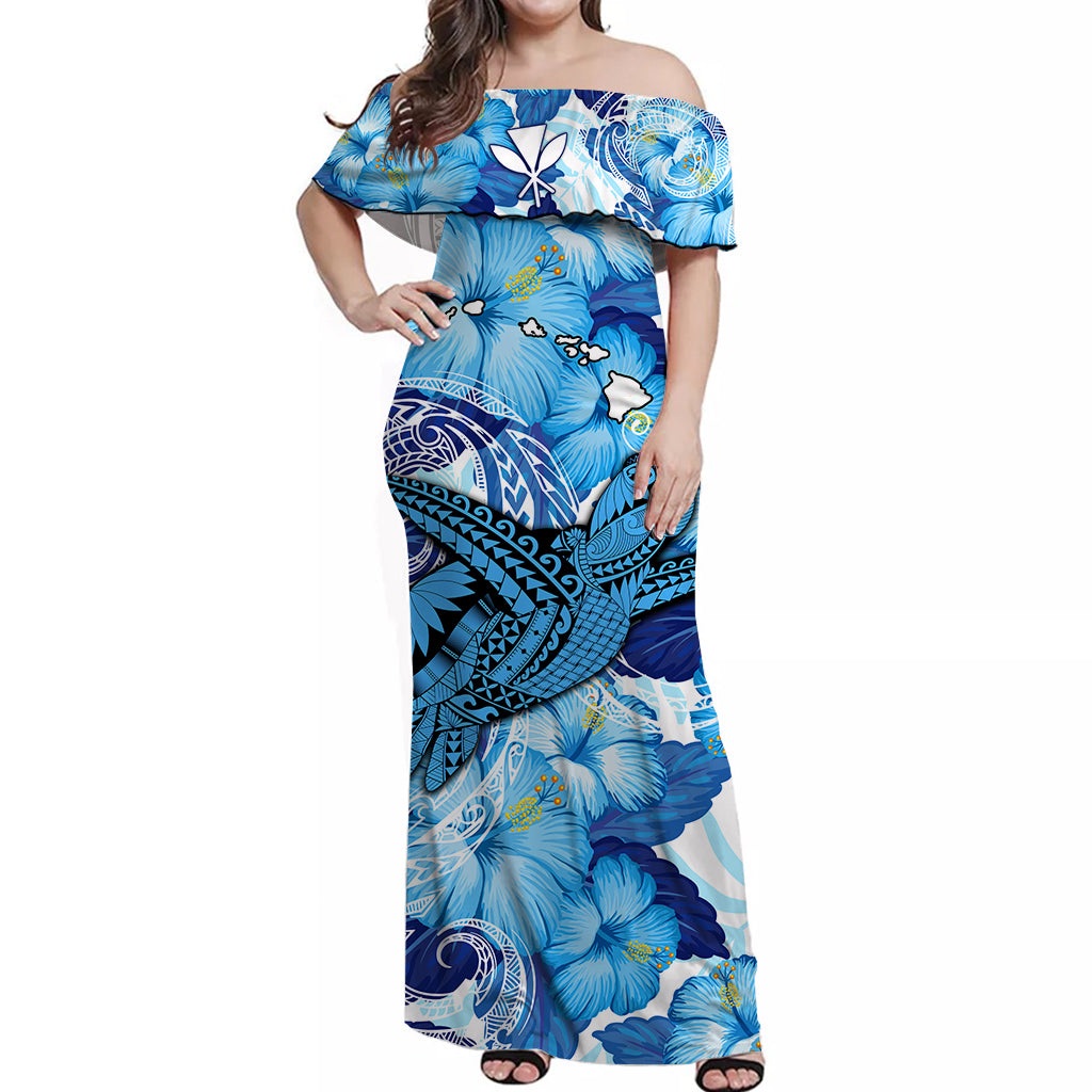 Custom Personalised Hawaii Off Shoulder Long Dress Blue Polynesian Turtle and Hibiscus