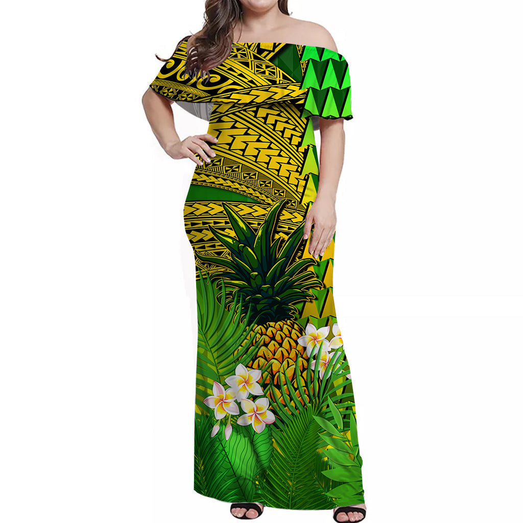 Hawaii Pineapple Off Shoulder Long Dress Plumeria Frangipani Mix Tribal Pattern