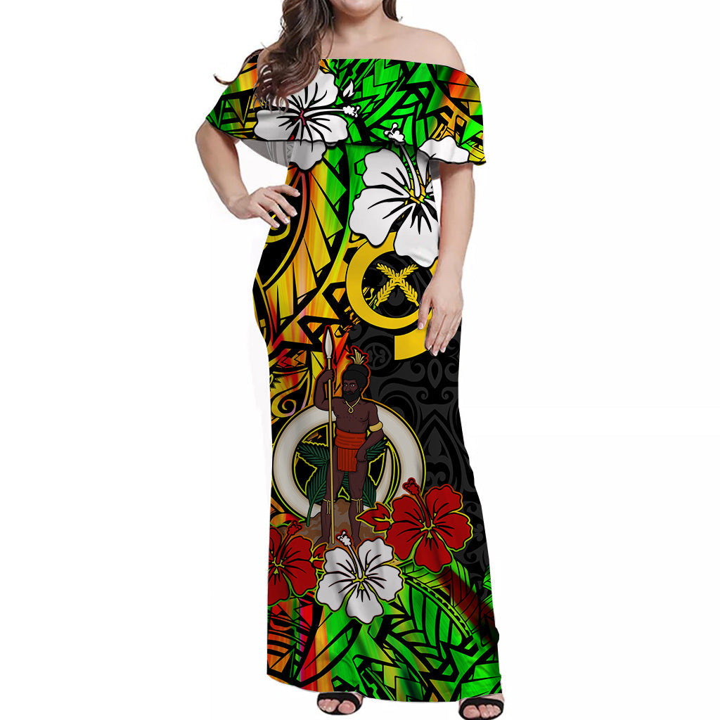 Vanuatu Off Shoulder Long Dress Polynesia Tie Dye Hibiscus Flowers