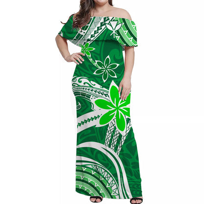 Custom Personalised Hawaii Flowers Wave Off Shoulder Long Dress Kanaka Maoli Green Polynesian