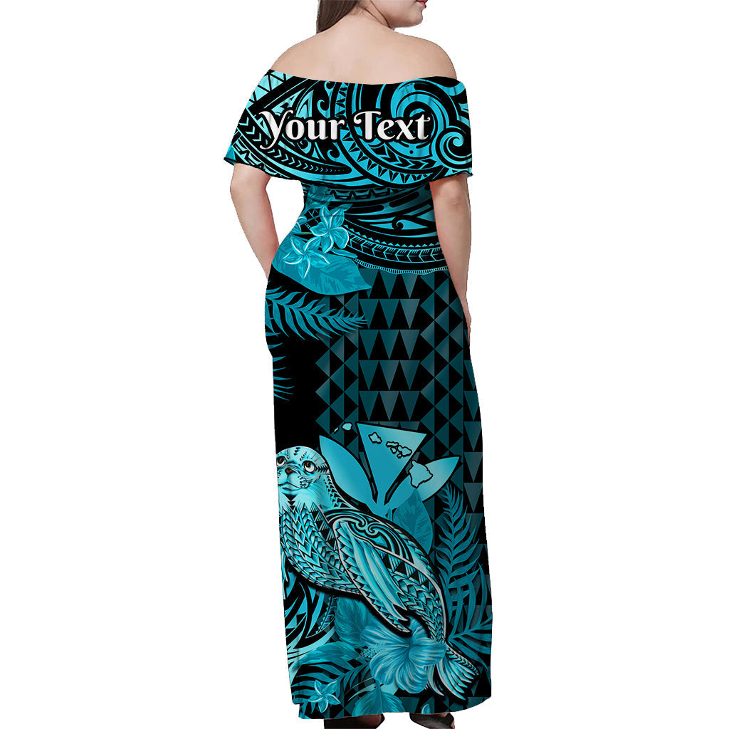 Custom Personalised Hawaii Monk Seal Off Shoulder Long Dress Kakau With Kanaka Turquoise