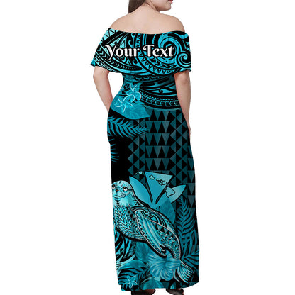 Custom Personalised Hawaii Monk Seal Off Shoulder Long Dress Kakau With Kanaka Turquoise