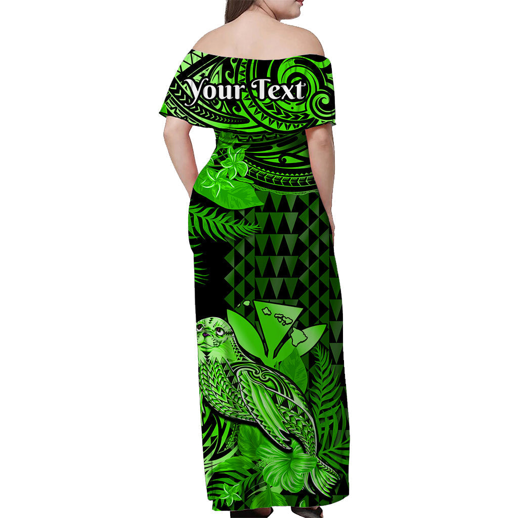 Custom Personalised Hawaii Monk Seal Off Shoulder Long Dress Kakau With Kanaka Green