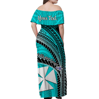 Custom Personalised Wallis And Futuna Off Shoulder Long Dress Plumeria Flowers With Turquoise Polynesian Pattern