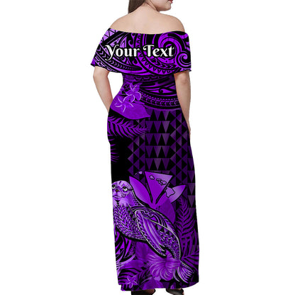 Custom Personalised Hawaii Monk Seal Off Shoulder Long Dress Kakau With Kanaka Purple