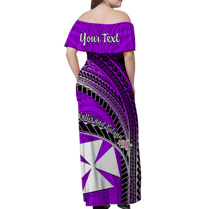 Custom Personalised Wallis And Futuna Off Shoulder Long Dress Plumeria Flowers With Purple Polynesian Pattern