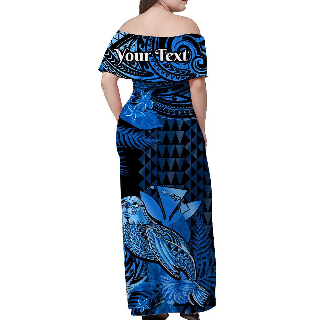 Custom Personalised Hawaii Monk Seal Off Shoulder Long Dress Kakau With Kanaka Blue