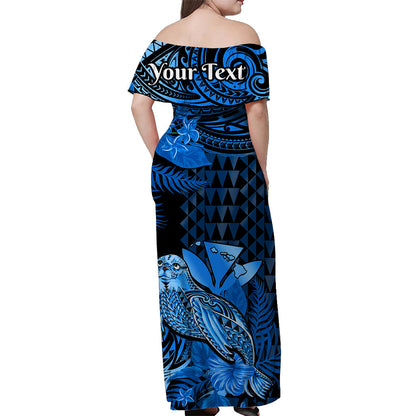 Custom Personalised Hawaii Monk Seal Off Shoulder Long Dress Kakau With Kanaka Blue