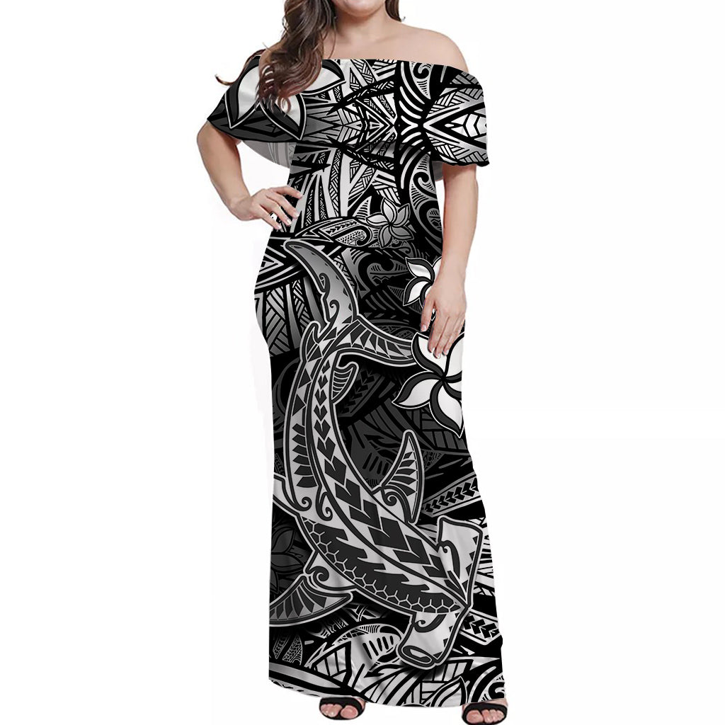 Polynesian Off Shoulder Long Dress Black Hawaiian Tribal Hammerhead Shark