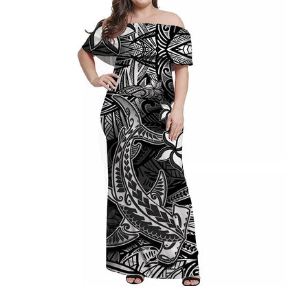 Polynesian Off Shoulder Long Dress Black Hawaiian Tribal Hammerhead Shark
